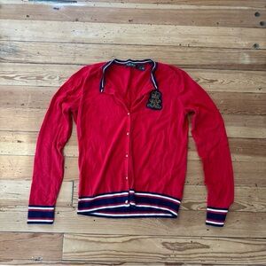 Lauren Ralph Lauren Red Embroidered Crest Bullion-Patch Cardigan Women Size M
